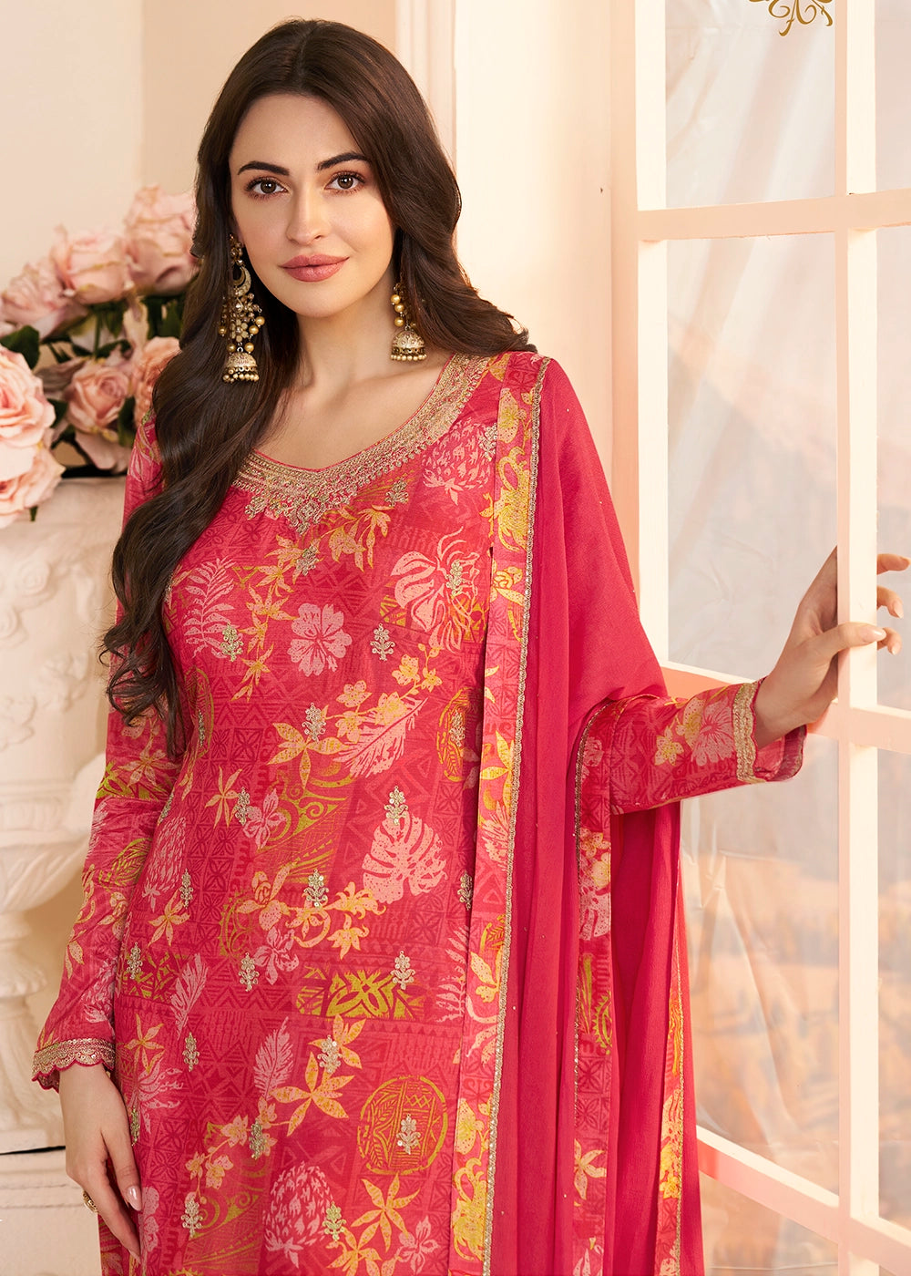 Rouge Pink Chinon Silk Floral Printed Pant Suit with Embroidered Detailing