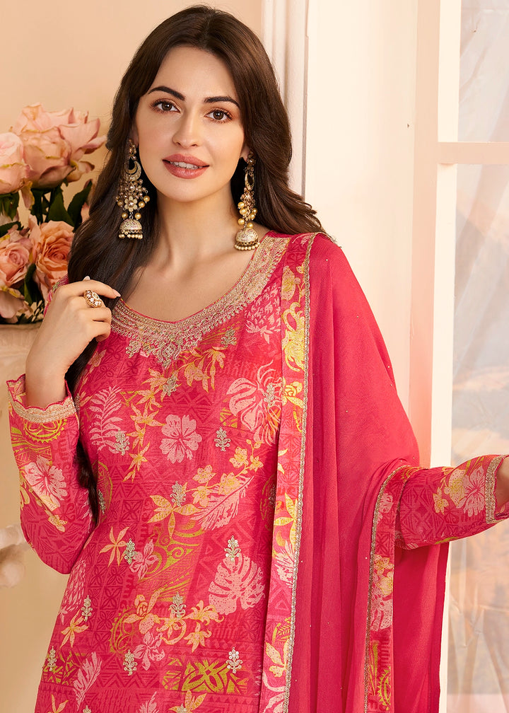 Rouge Pink Chinon Silk Floral Printed Pant Suit with Embroidered Detailing