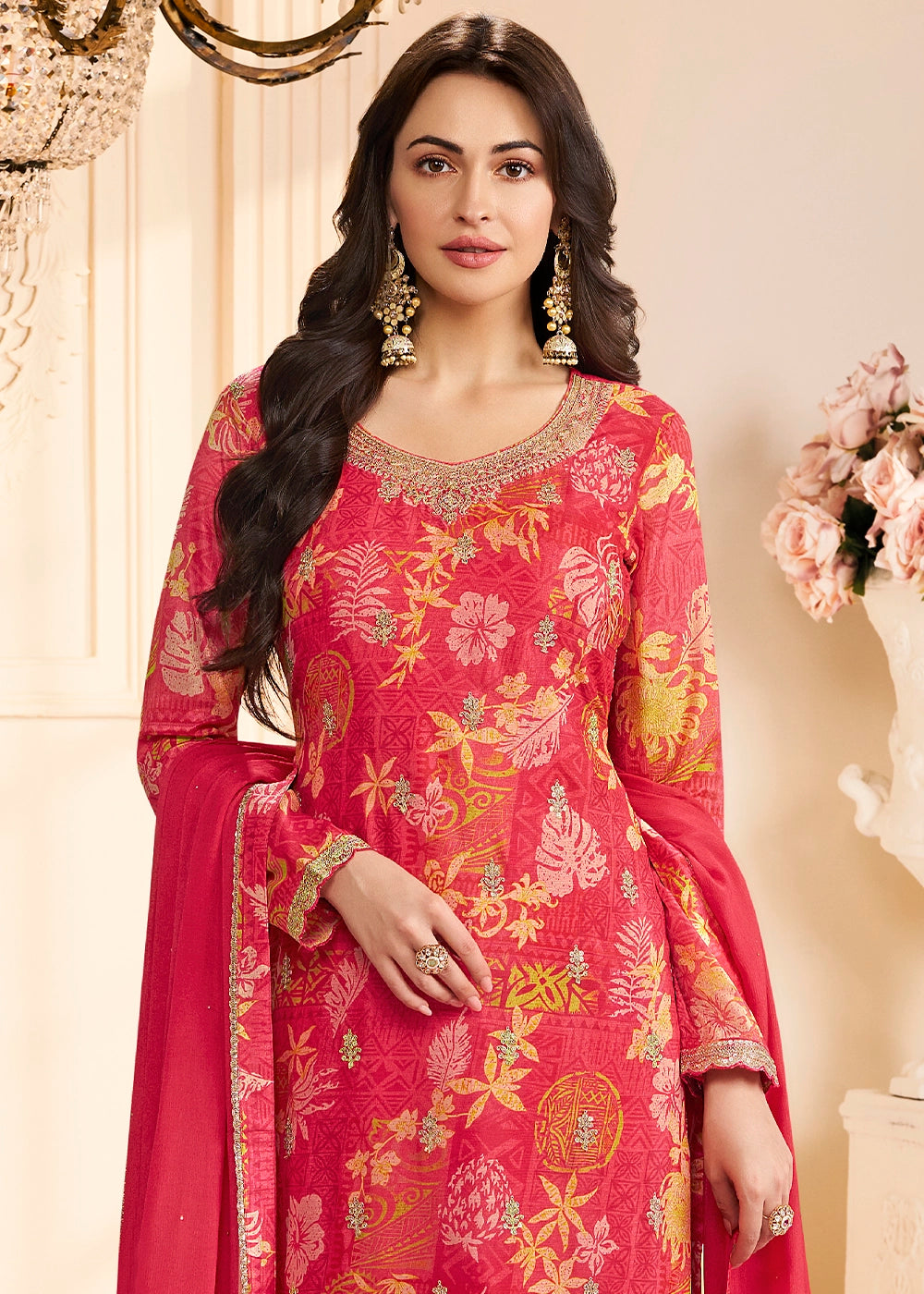 Rouge Pink Chinon Silk Floral Printed Pant Suit with Embroidered Detailing