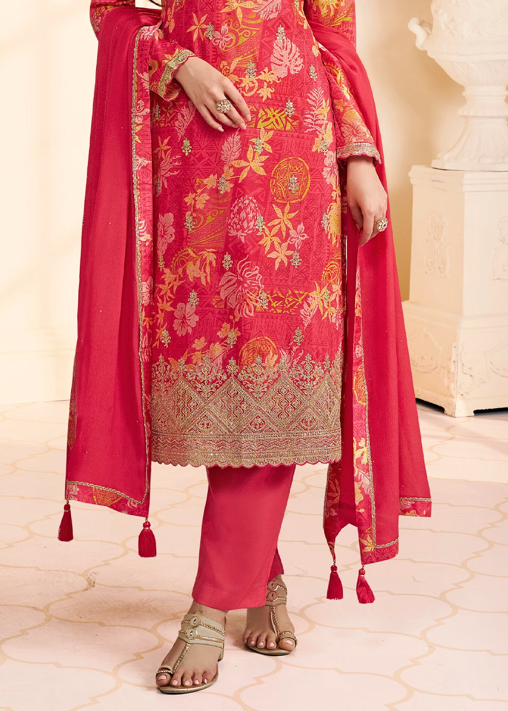 Rouge Pink Chinon Silk Floral Printed Pant Suit with Embroidered Detailing