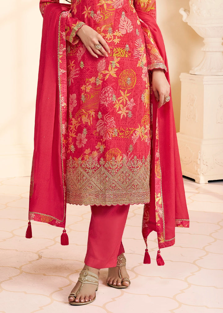 Rouge Pink Chinon Silk Floral Printed Pant Suit with Embroidered Detailing