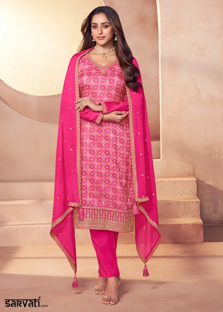 Hot Pink Embroidered Silk Pant Suit Set