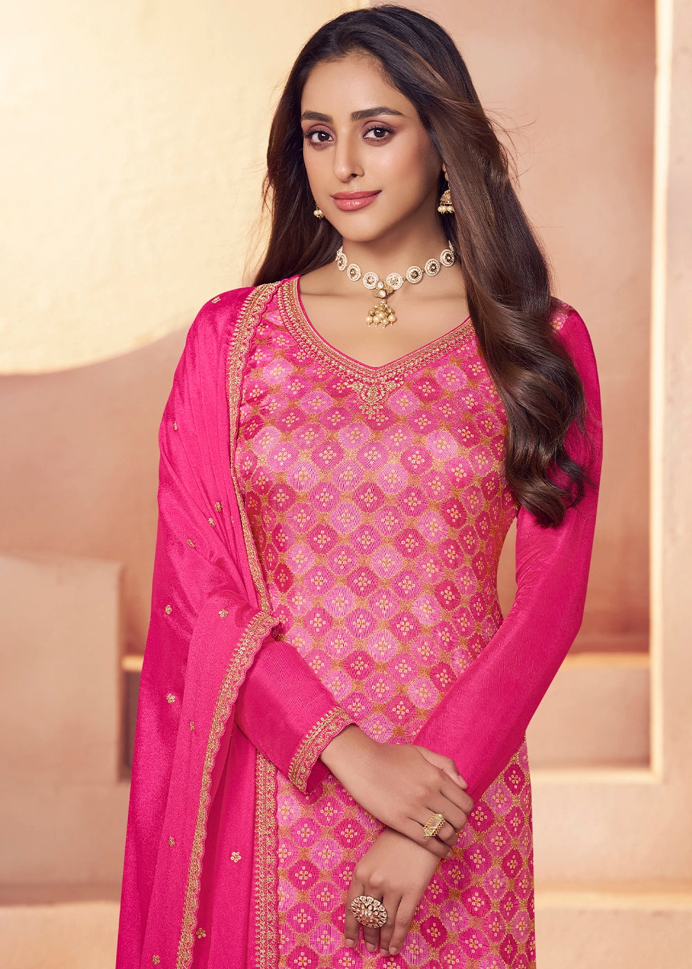 Hot Pink Embroidered Silk Pant Suit Set