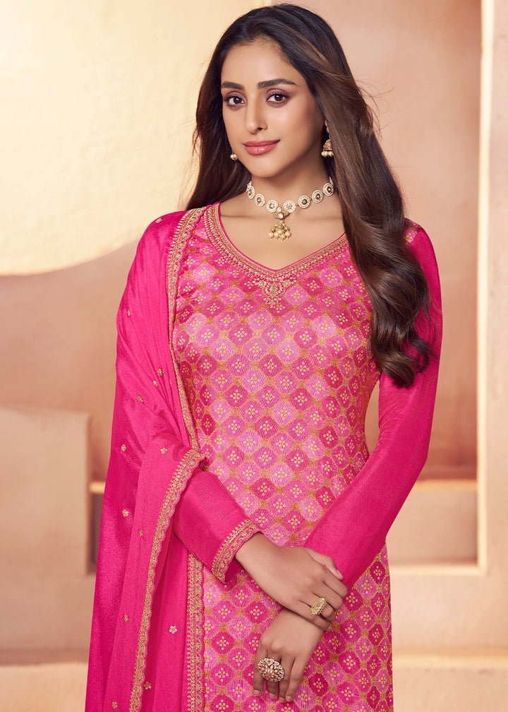 Hot Pink Embroidered Silk Pant Suit Set