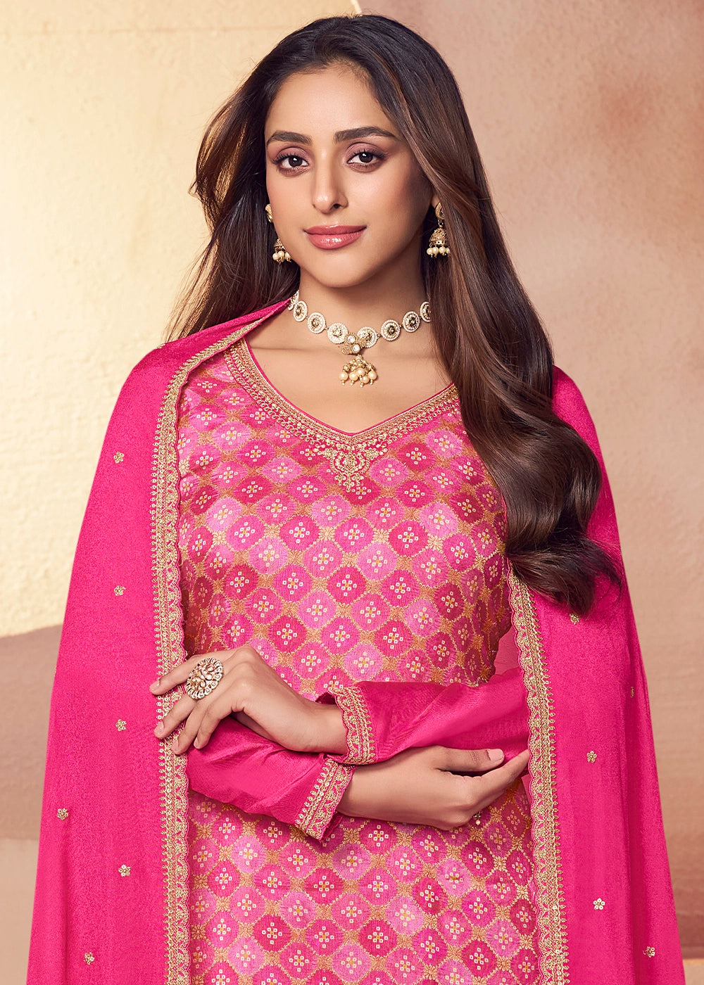 Hot Pink Embroidered Silk Pant Suit Set