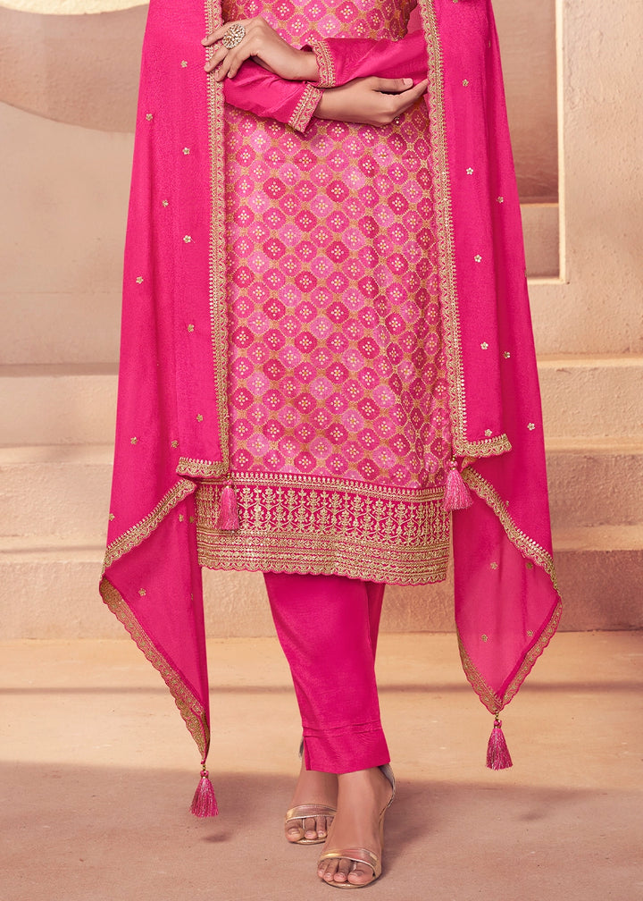 Hot Pink Embroidered Silk Pant Suit Set