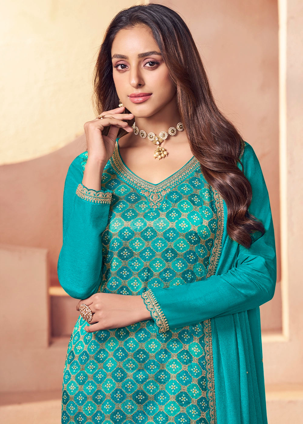 Bondi Blue Embroidered Silk Pant Suit Set