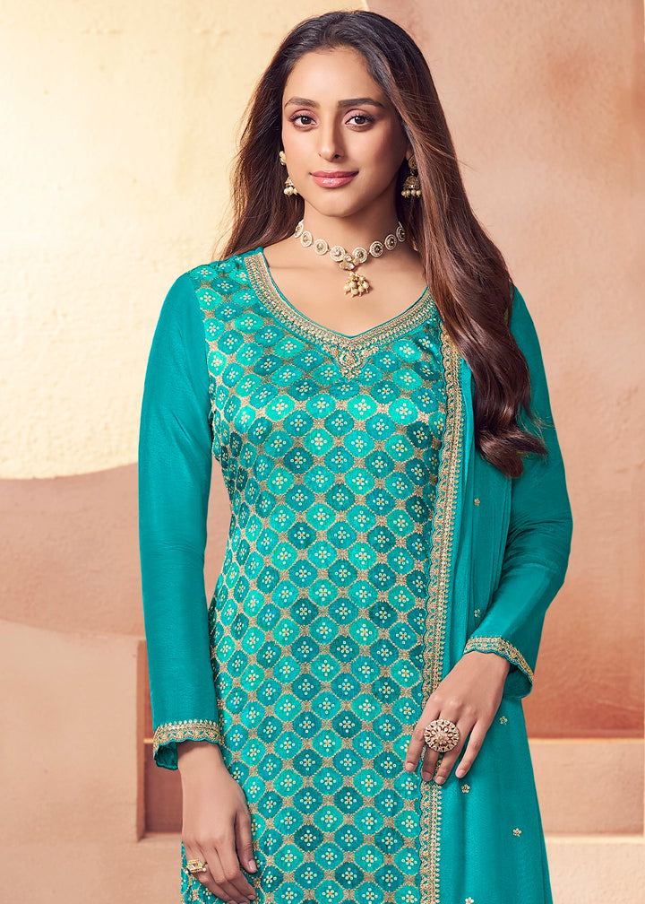 Bondi Blue Embroidered Silk Pant Suit Set