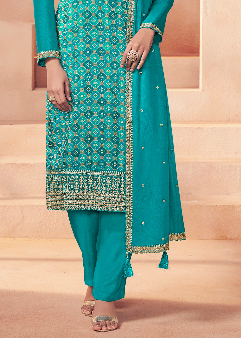 Bondi Blue Embroidered Silk Pant Suit Set