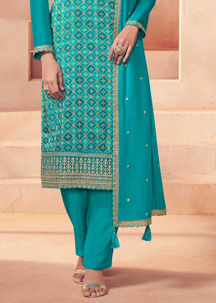 Bondi Blue Embroidered Silk Pant Suit Set