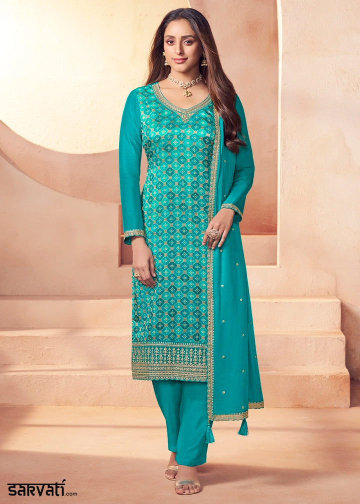Bondi Blue Embroidered Silk Pant Suit Set