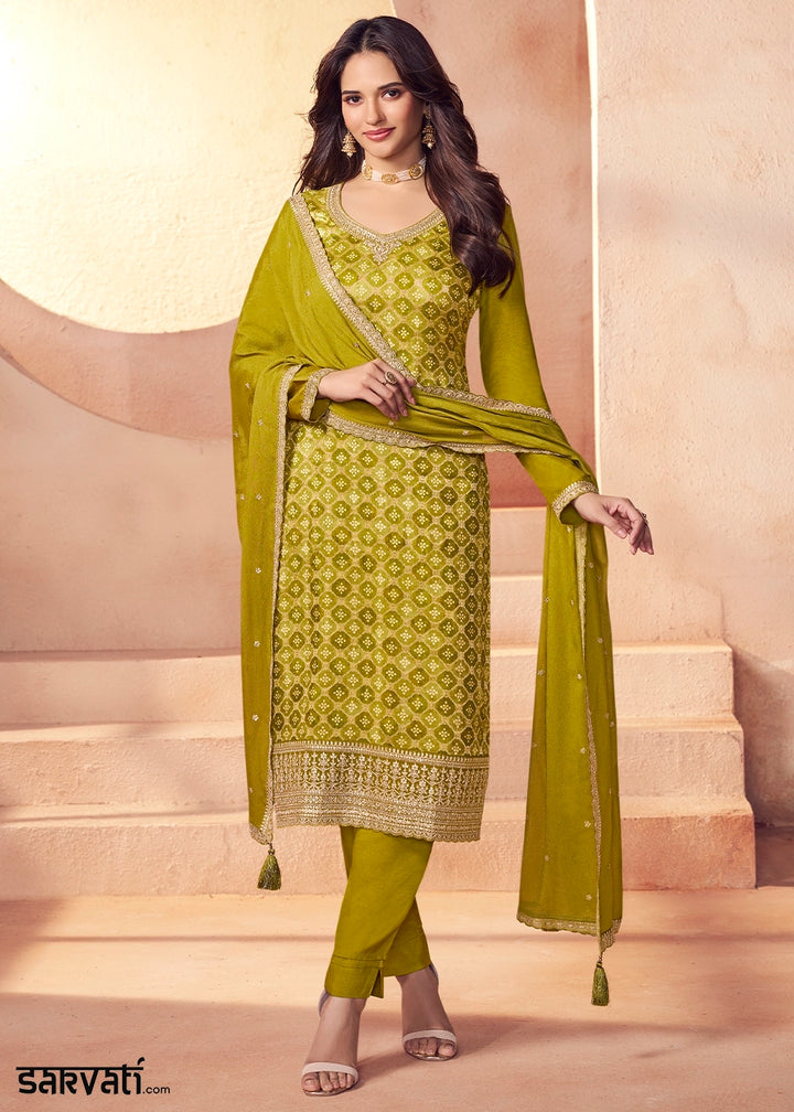 Olive Green Embroidered Silk Pant Suit Set