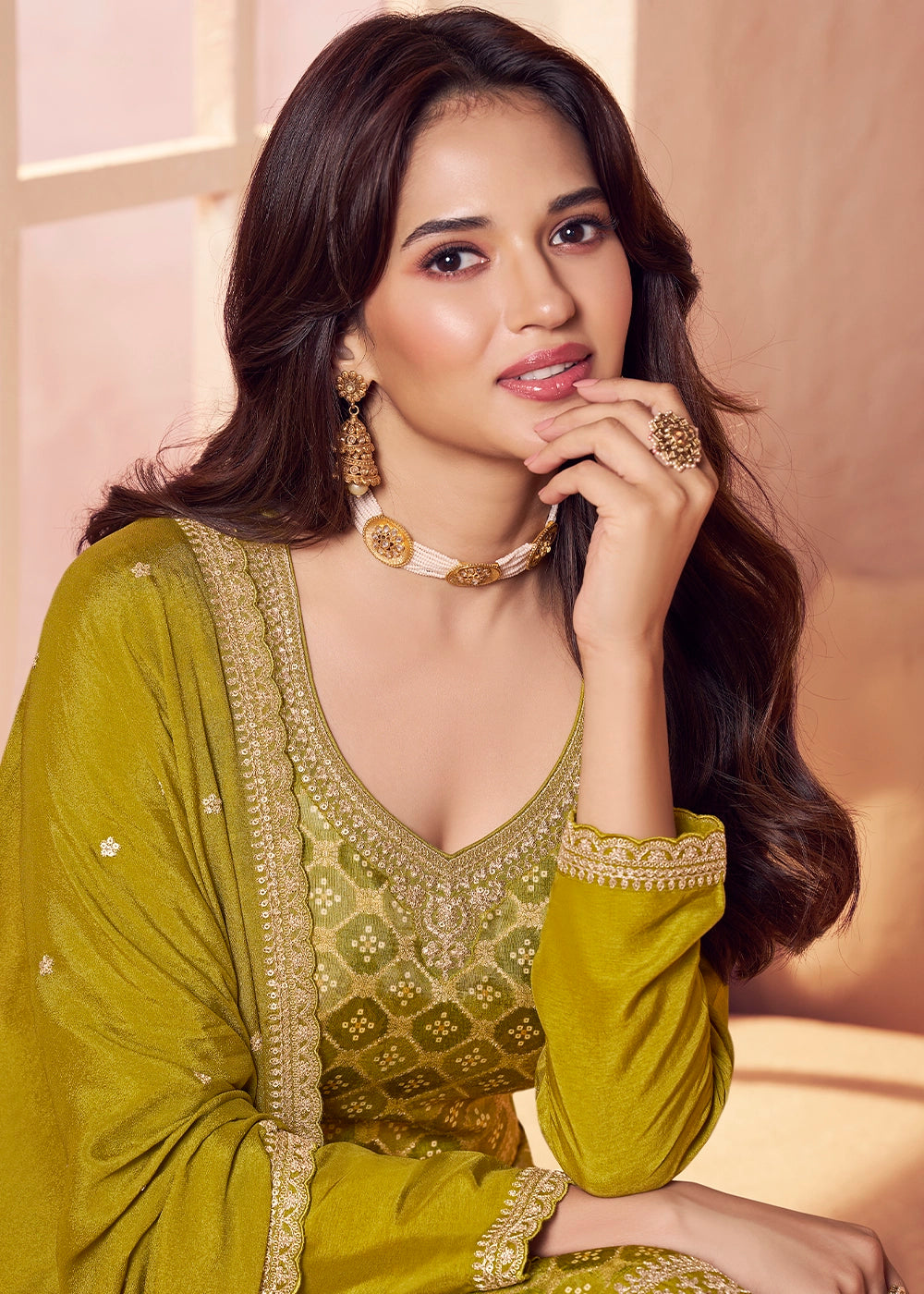 Olive Green Embroidered Silk Pant Suit Set