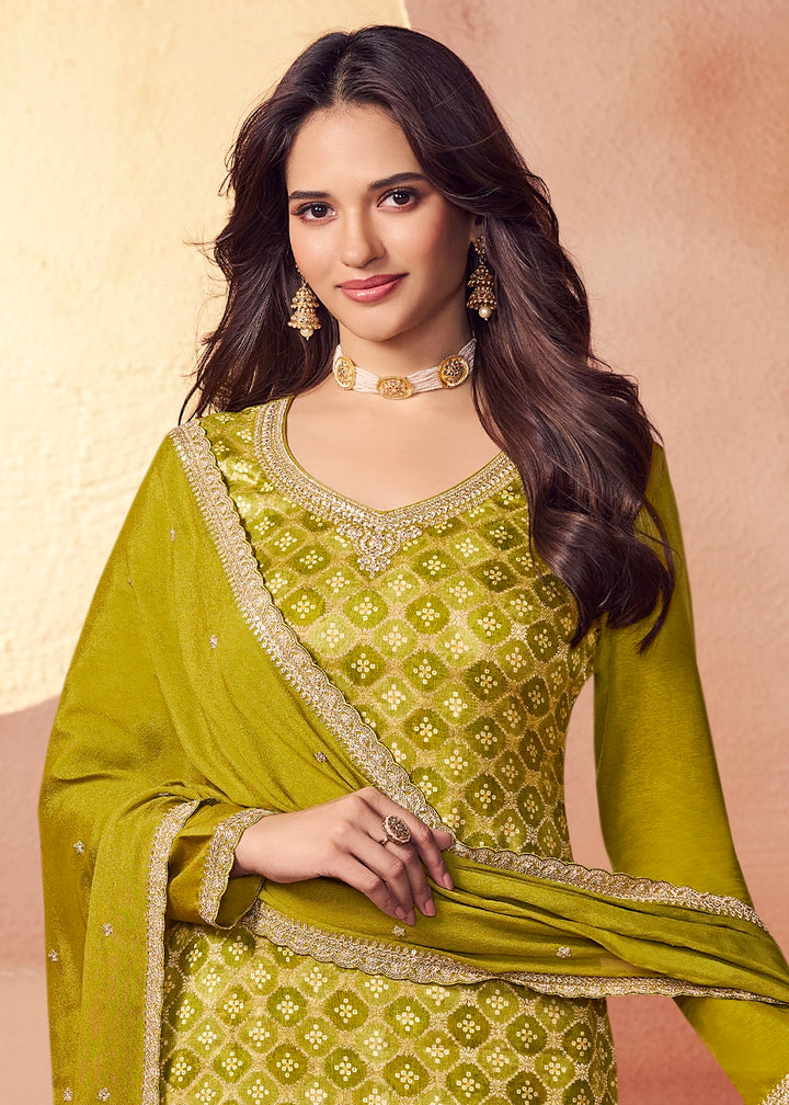 Olive Green Embroidered Silk Pant Suit Set