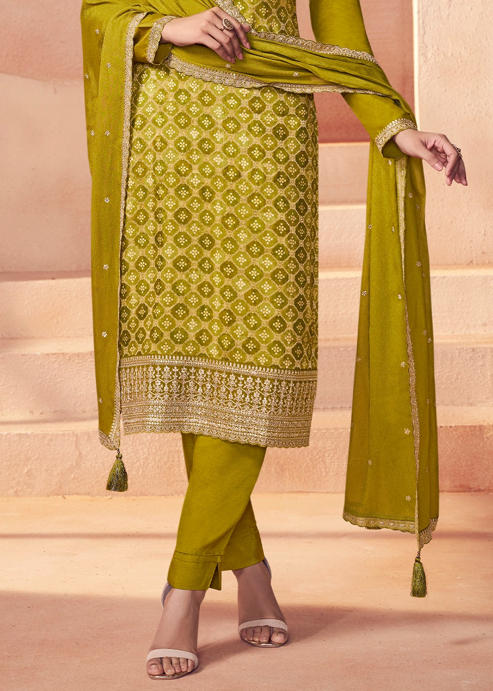 Olive Green Embroidered Silk Pant Suit Set
