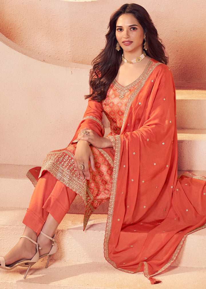 Coral Orange Embroidered Silk Pant Suit Set