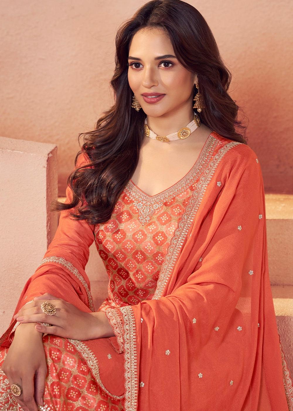 Coral Orange Embroidered Silk Pant Suit Set