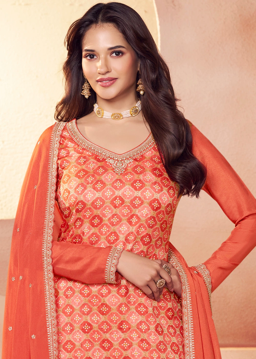 Coral Orange Embroidered Silk Pant Suit Set