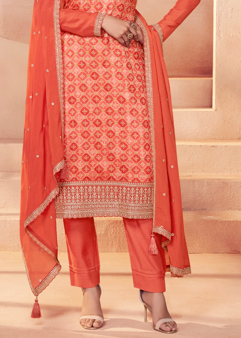 Coral Orange Embroidered Silk Pant Suit Set
