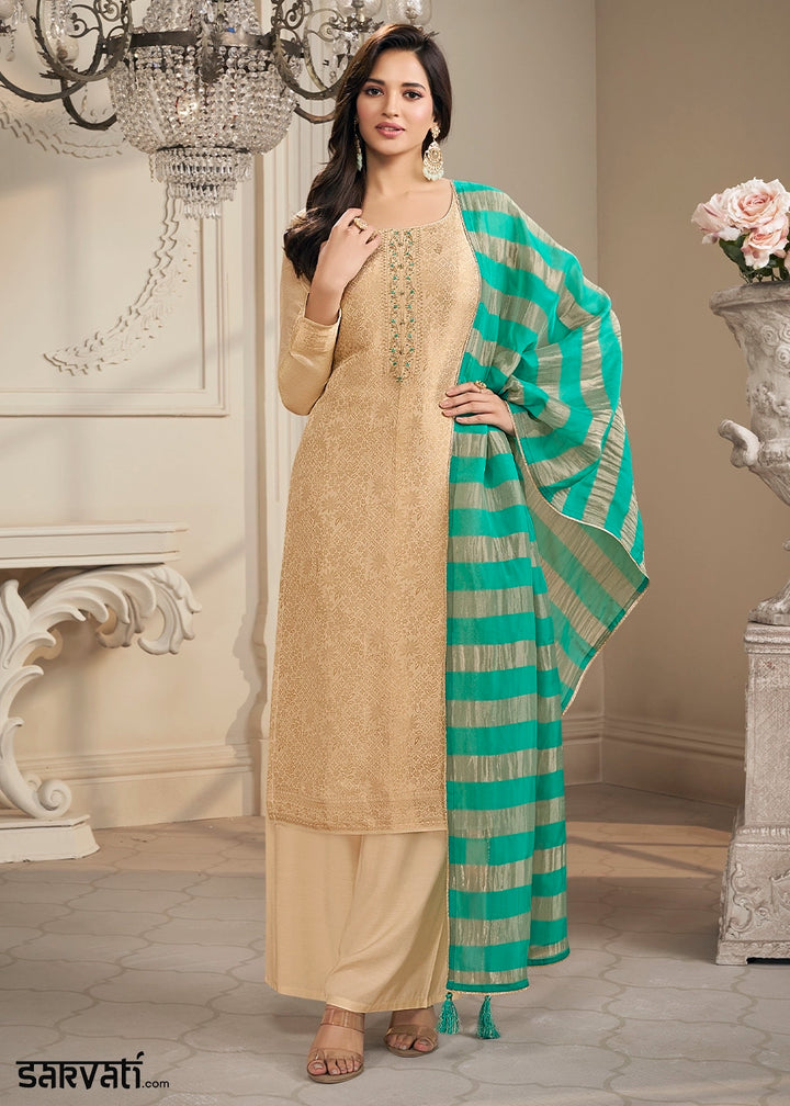 Beige Brown Jacquard Simar Silk Pant Suit with Green Organza Dupatta