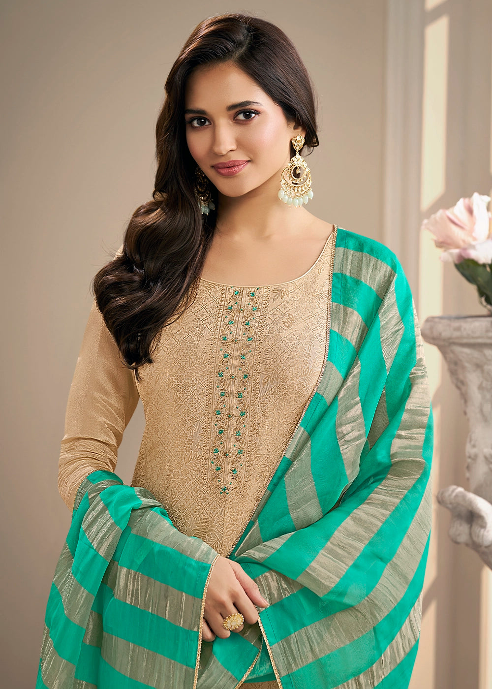 Beige Brown Jacquard Simar Silk Pant Suit with Green Organza Dupatta