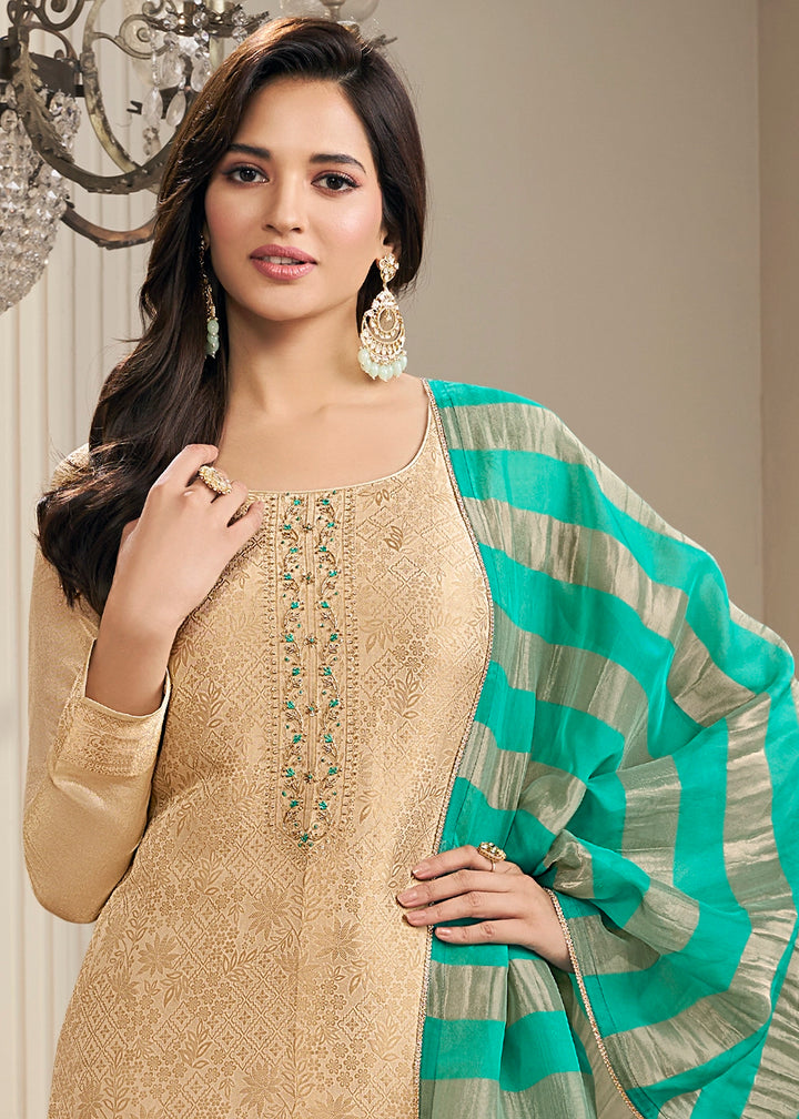 Beige Brown Jacquard Simar Silk Pant Suit with Green Organza Dupatta