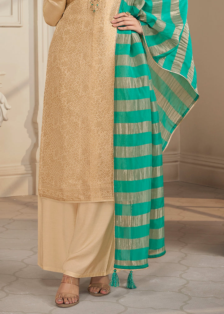 Beige Brown Jacquard Simar Silk Pant Suit with Green Organza Dupatta