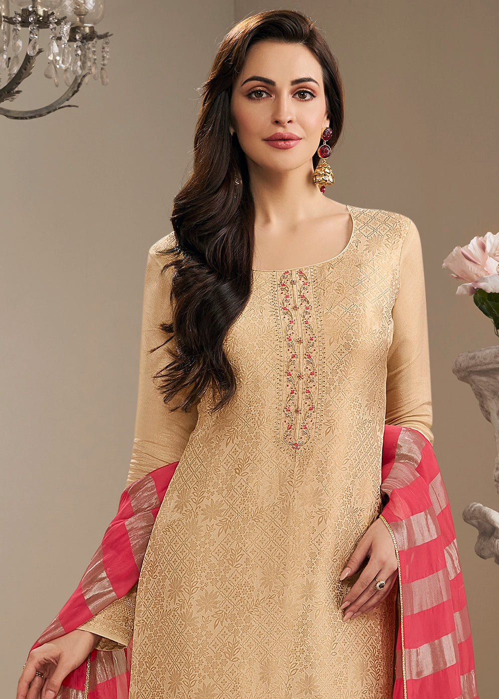 Beige Brown Jacquard Simar Silk Pant Suit with Red Organza Dupatta