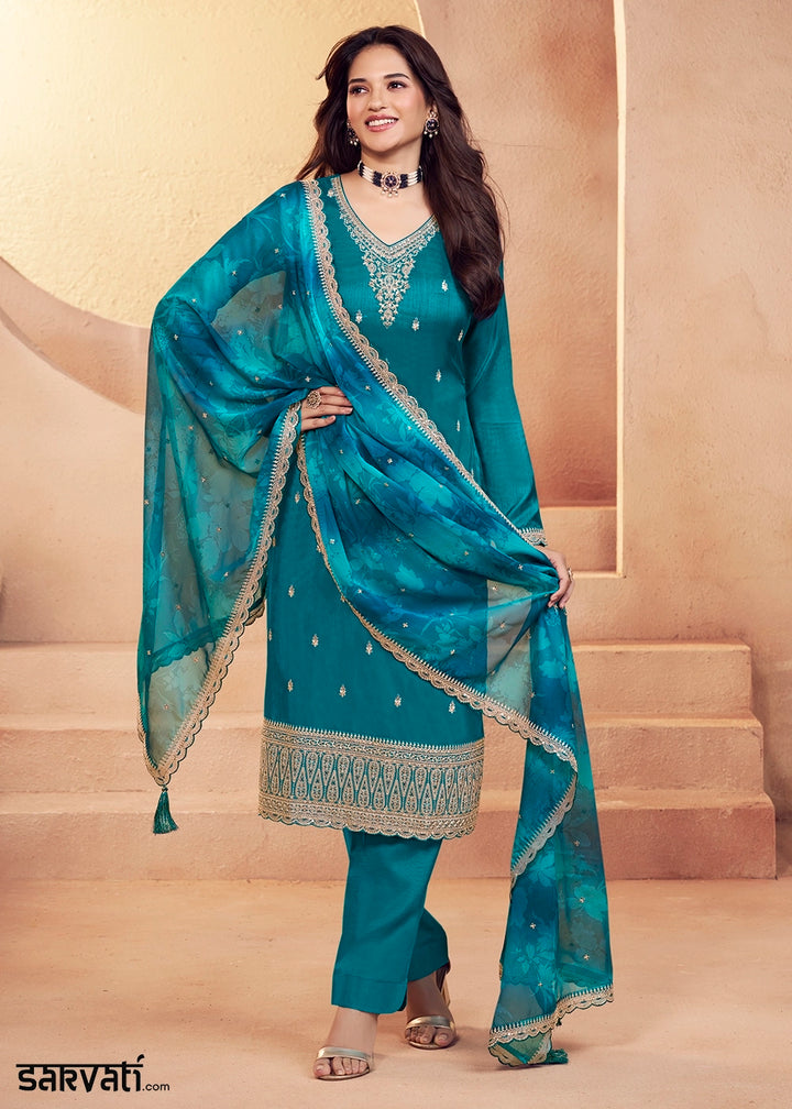 Marine Blue Silk Pant Suit Set with Intricate Embroidery