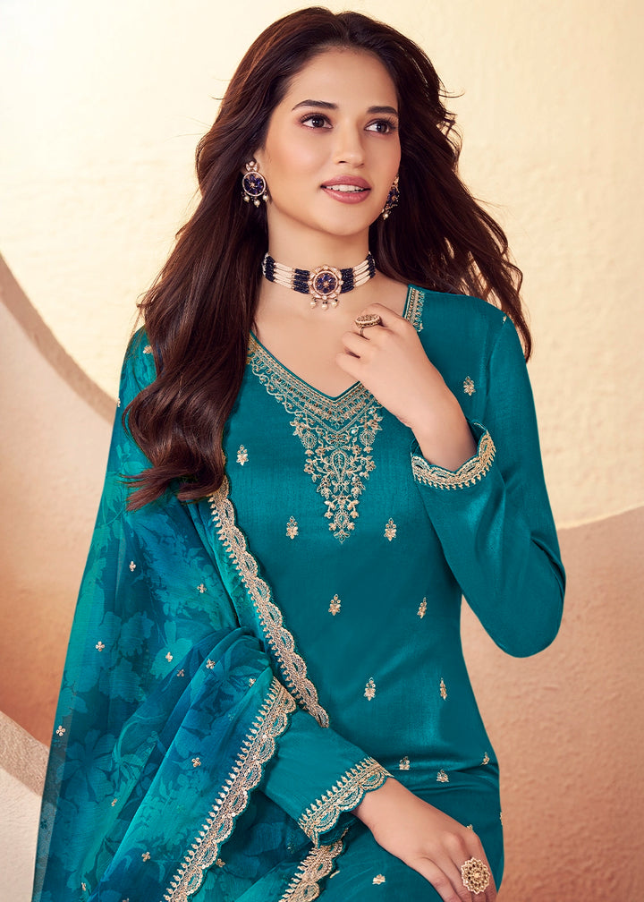 Marine Blue Silk Pant Suit Set with Intricate Embroidery