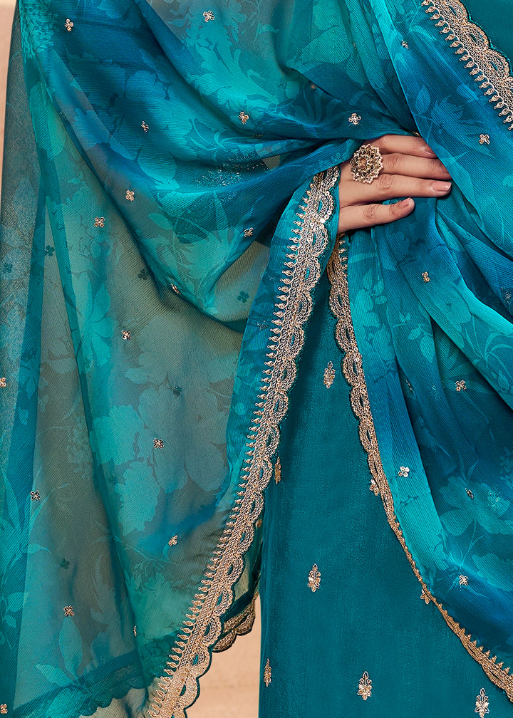 Marine Blue Silk Pant Suit Set with Intricate Embroidery