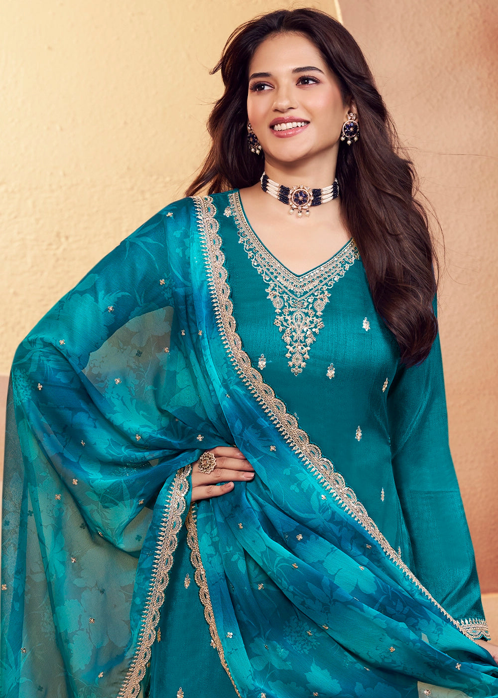 Marine Blue Silk Pant Suit Set with Intricate Embroidery
