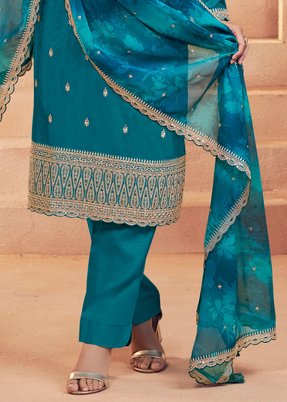 Marine Blue Silk Pant Suit Set with Intricate Embroidery