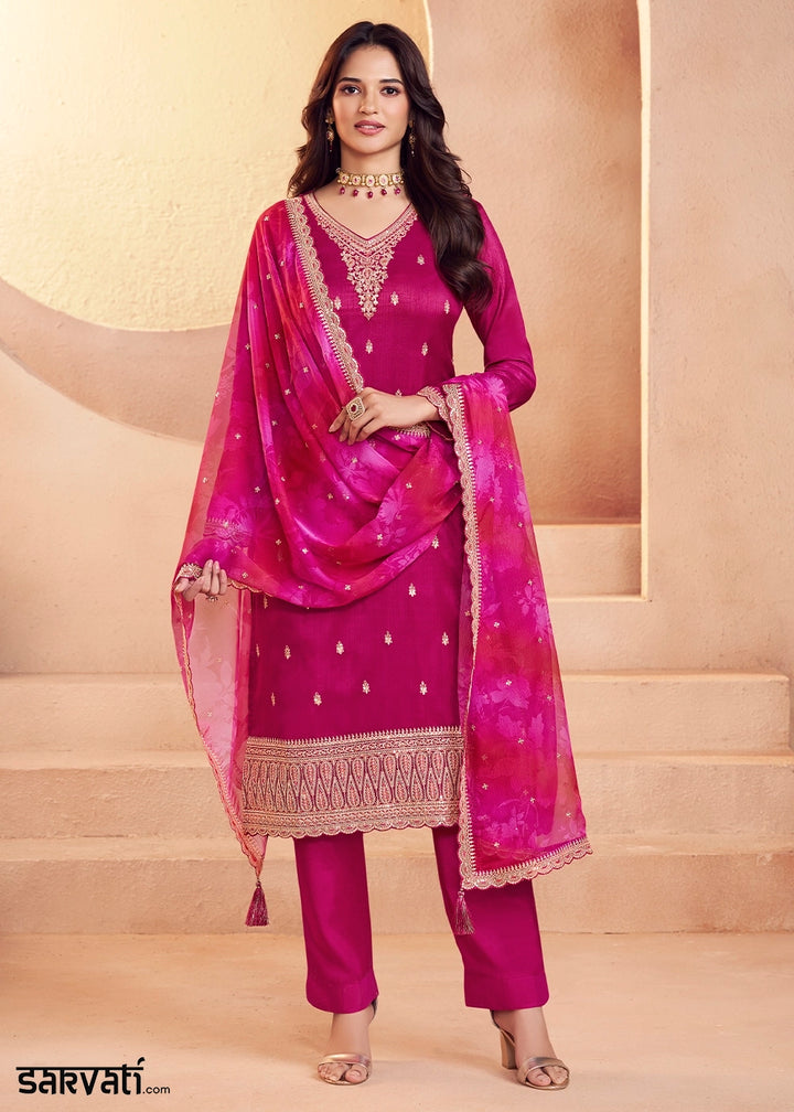 Magenta Pink Silk Pant Suit Set with Intricate Embroidery