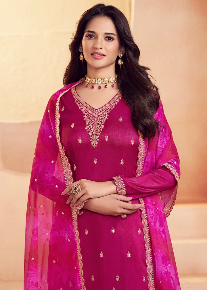 Magenta Pink Silk Pant Suit Set with Intricate Embroidery