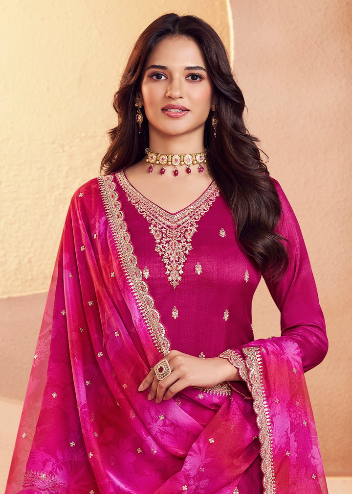 Magenta Pink Silk Pant Suit Set with Intricate Embroidery