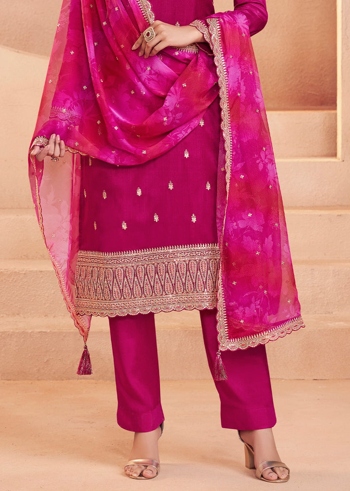 Magenta Pink Silk Pant Suit Set with Intricate Embroidery