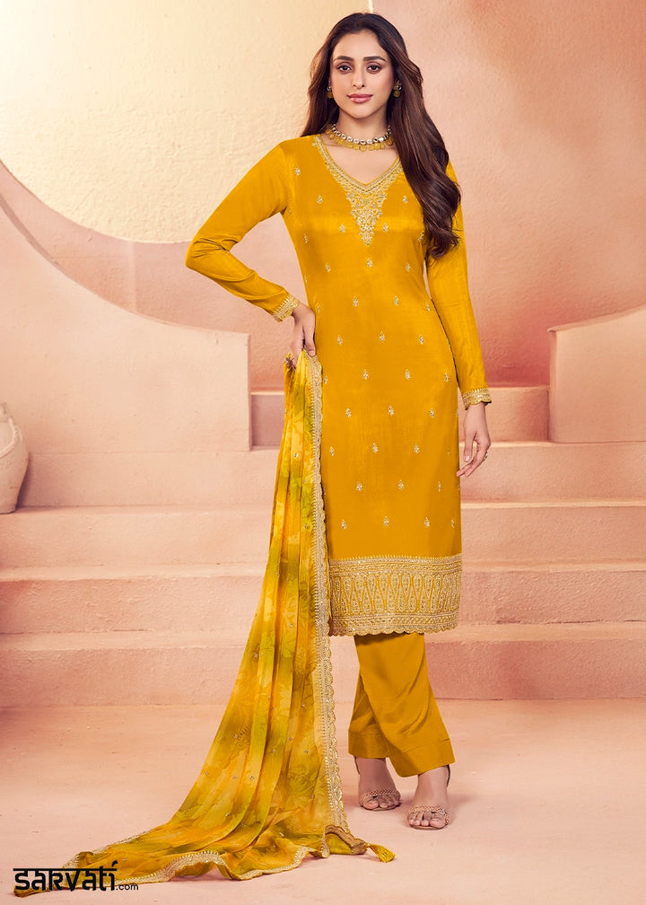 Mustard Yellow Silk Pant Suit Set with Intricate Embroidery