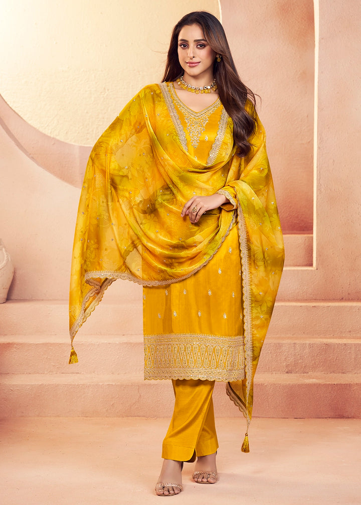 Mustard Yellow Silk Pant Suit Set with Intricate Embroidery