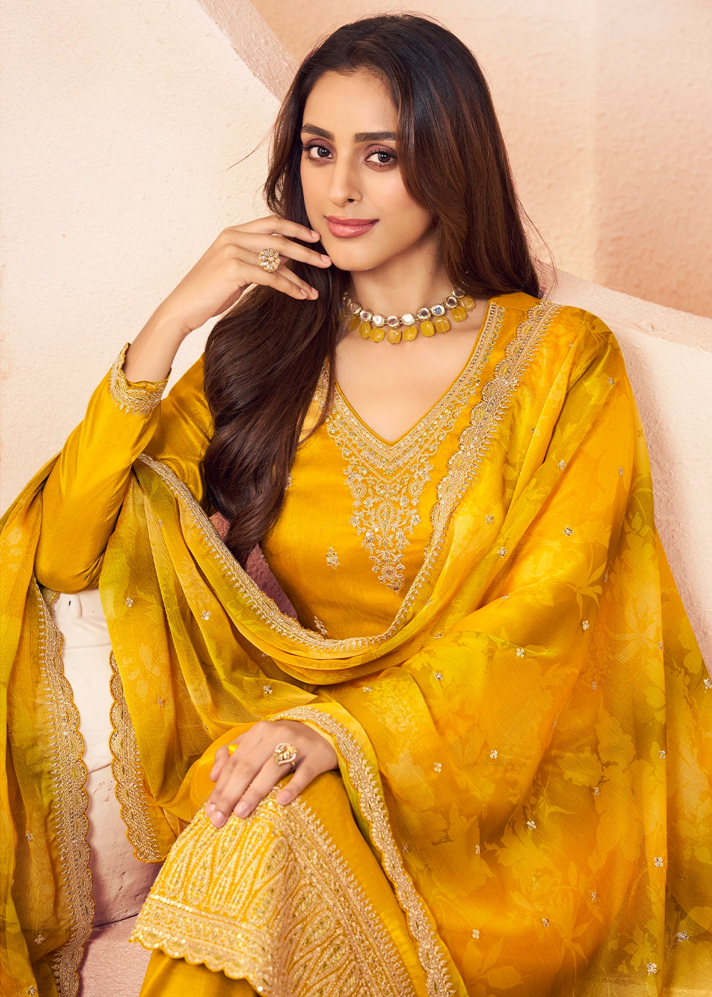 Mustard Yellow Silk Pant Suit Set with Intricate Embroidery