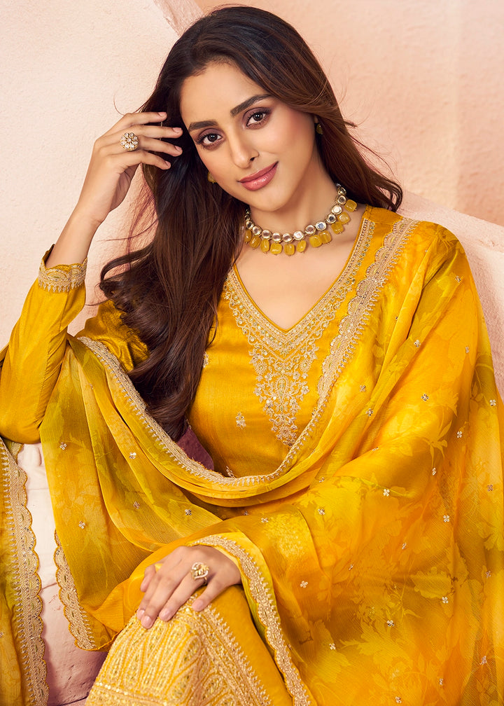Mustard Yellow Silk Pant Suit Set with Intricate Embroidery