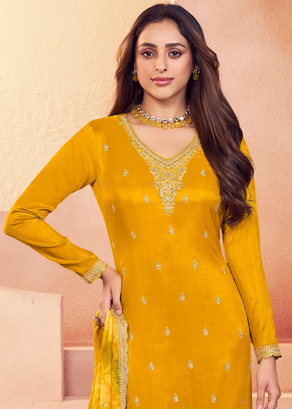 Mustard Yellow Silk Pant Suit Set with Intricate Embroidery