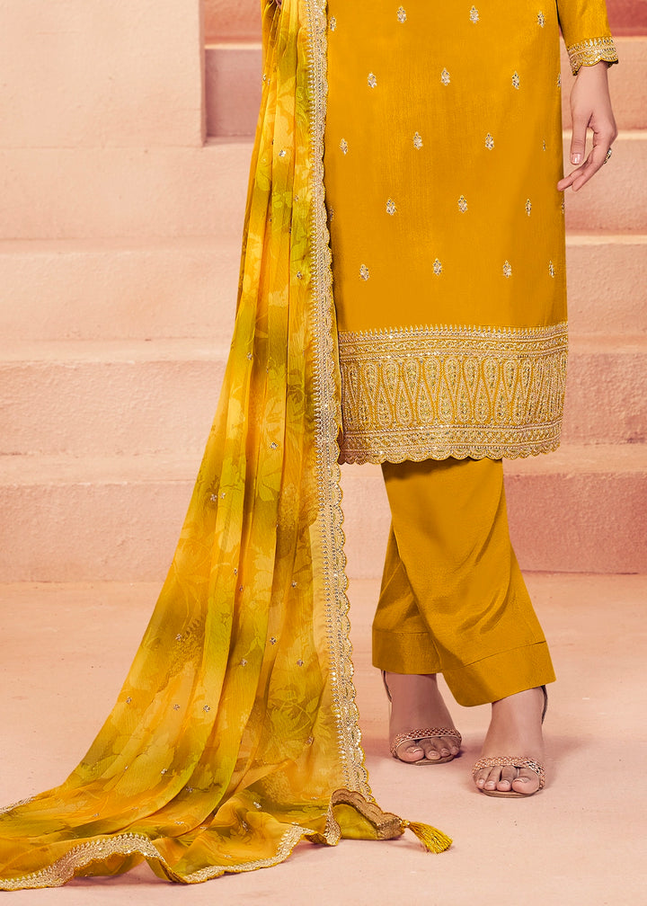 Mustard Yellow Silk Pant Suit Set with Intricate Embroidery