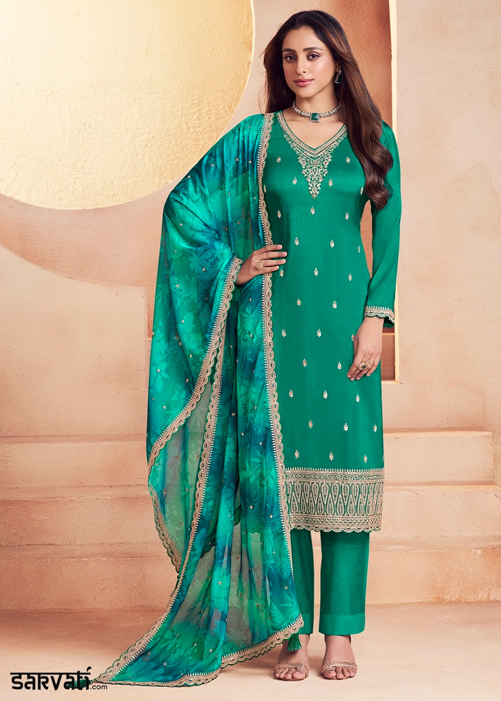 Persian Green Silk Pant Suit Set with Intricate Embroidery