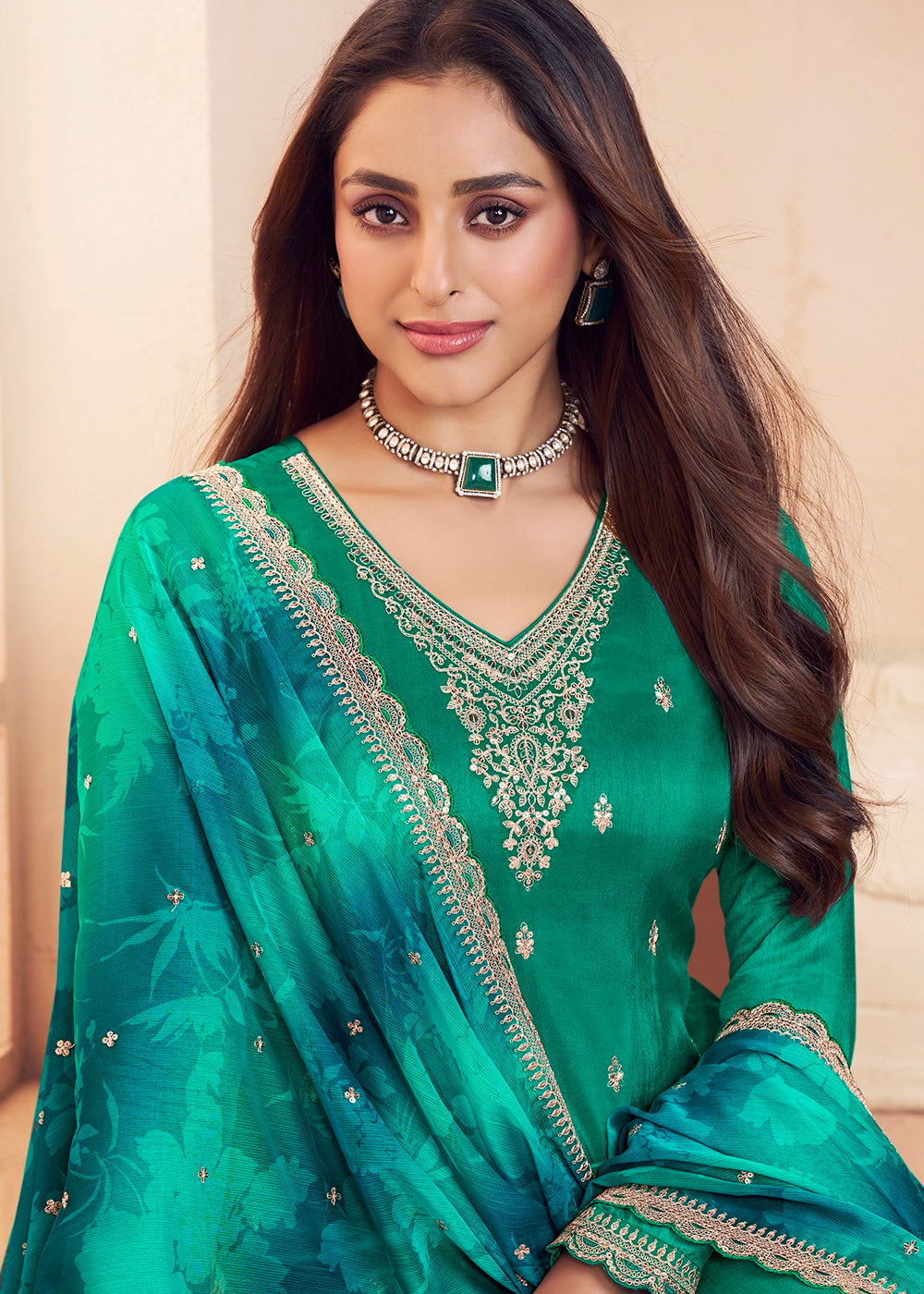 Persian Green Silk Pant Suit Set with Intricate Embroidery