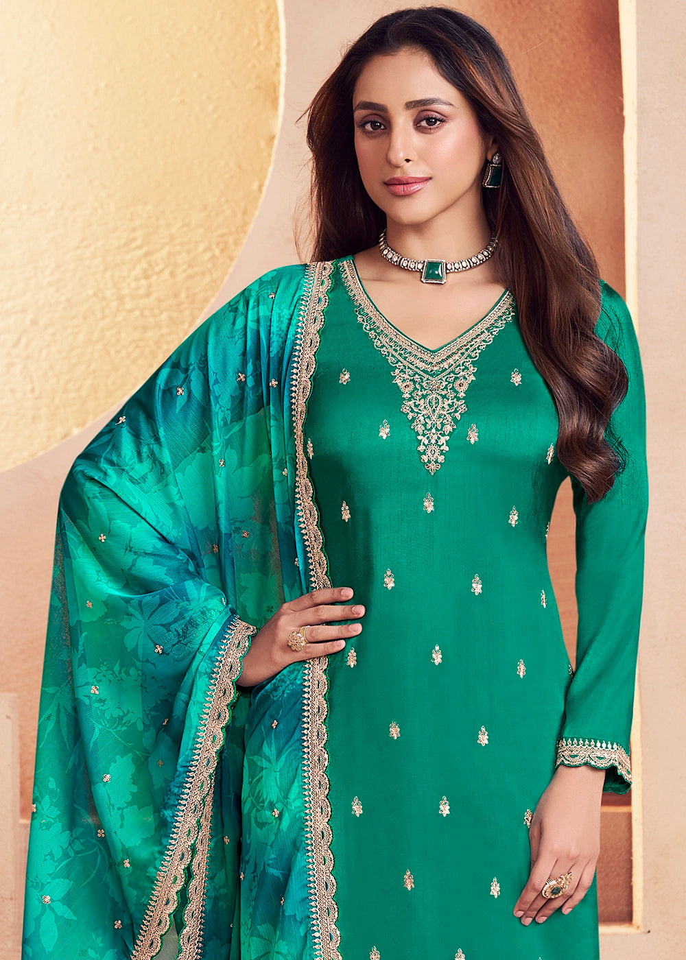 Persian Green Silk Pant Suit Set with Intricate Embroidery
