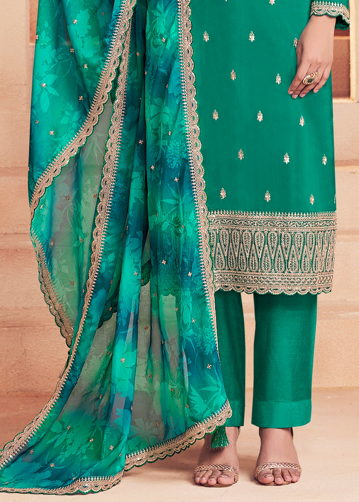 Persian Green Silk Pant Suit Set with Intricate Embroidery