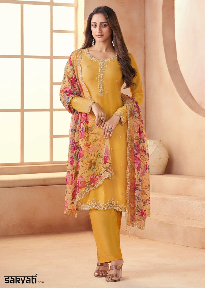 Canary Yellow Organza Chiffon Pant Suit Set with Floral Printed Dupatta