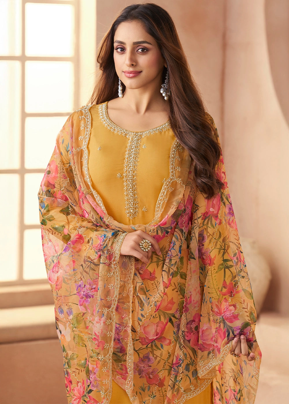 Canary Yellow Organza Chiffon Pant Suit Set with Floral Printed Dupatta