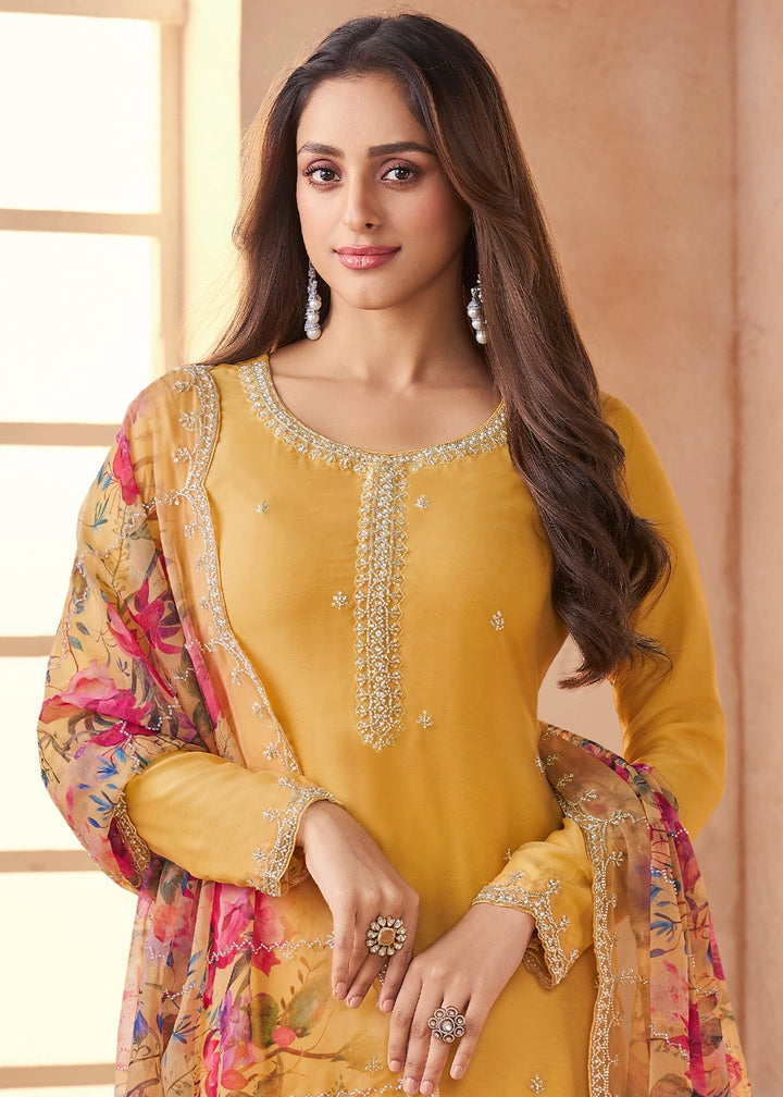 Canary Yellow Organza Chiffon Pant Suit Set with Floral Printed Dupatta